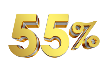55 Percent Discount Icon, Gold 3D Text Isolated on Transparent Background