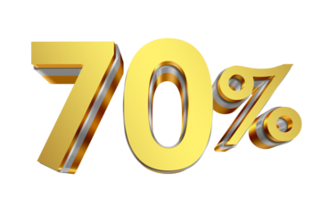 70 Percent Discount Icon, Gold 3D Text Isolated on Transparent Background