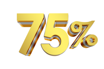 75 Percent Discount Icon, Gold 3D Text Isolated on Transparent Background