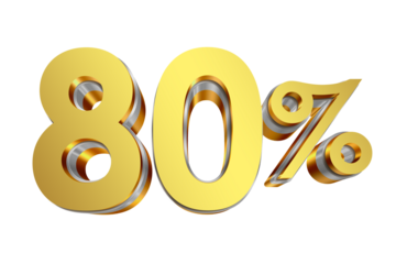 80 Percent Discount Icon, Gold 3D Text Isolated on Transparent Background