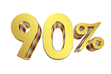 90 Percent Discount Icon, Gold 3D Text Isolated on Transparent Background