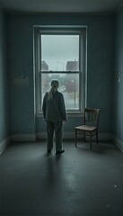 Obraz premium Lone woman stands looking out a window in a desolate, decaying room, contemplating the rainy city street outside with a sense of profound sadness.