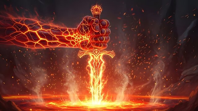 Flaming lava hand holding a glowing sword. Power and fantasy battle concept. Mythical warrior arm forged from fire grasping a burning blade in a volcanic environment