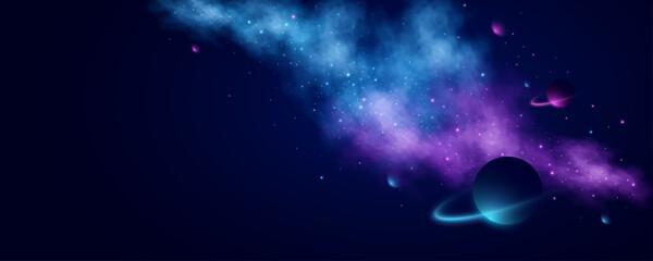 Abstract universe background with glowing stars and colorful planets in deep space. Futuristic outer space scene for astronomy or galaxy design. Vector illustration.