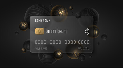 Transparent credit bank card with abstract 3D spheres textured with black and golden striped pattern. Digital banking and contactless payments. Glass morphism effect. Vector illustration.