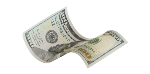 Curved hundred dollar banknote, isolated on transparent cutout background