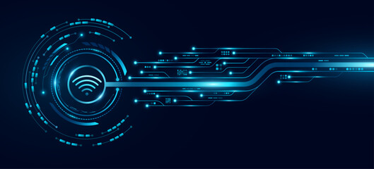 Hi-tech panel with wifi icon, glowing HUD circle and computer circuit board. Digital data background for UI and GUI design. Futuristic touch screen button for user interface. Vector illustration.