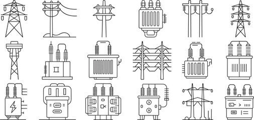 Collection of outline icons for electrical power transmission equipment and transformers Keywords: electricity, power