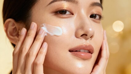 Asian woman moisturizing smooth cheek skin by applying thick white lotion with her fingertips in a beauty closeup.