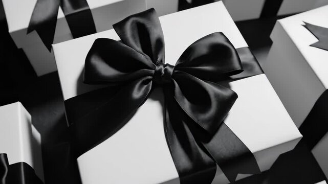 Elegant white gift boxes tied with black satin ribbons. Luxurious arrangement of wrapped presents. Sophisticated packaging concept for holidays and celebrations.