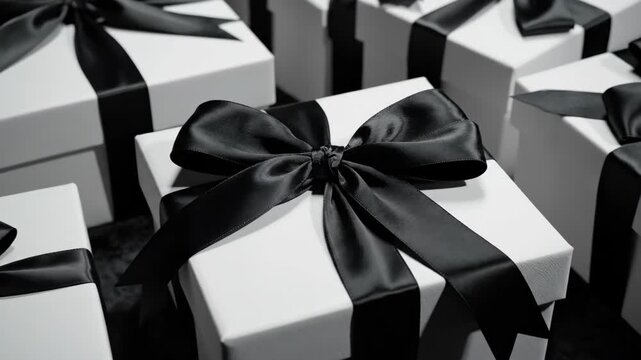 Luxurious white gift boxes with black satin ribbons elegantly arranged on dark background. Premium packaging sequence showing stacked and circled presentation for festive gifting concept.