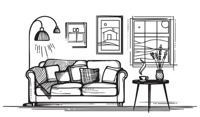 Doodles Living room graphic black white interior sketch illustration vector