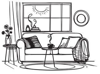 Doodles Living room graphic black white interior sketch illustration vector
