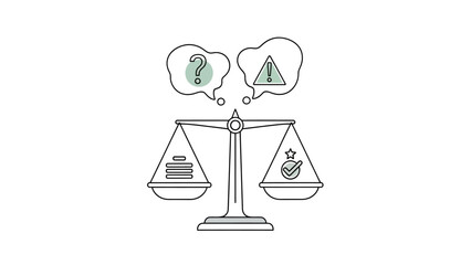 Balance scale with money and risk symbols representing decision making.