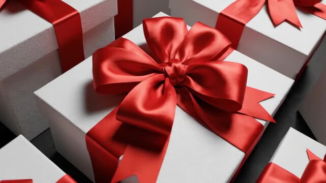 Luxurious arrangement of white gift boxes tied with red ribbons. Elegant stack of presents for holiday celebrations. Festive gifting concept and seasonal joy.
