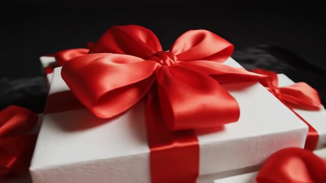 Luxurious stack of white gift boxes tied with red ribbons and bows on dark background. Holiday present arrangement sequence showing building pile of festive packages for celebration gifting concept.