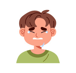 Portrait of sad sobbing little boy with emotion of sorrow on his face. Avatar of offended kid is crying of ache. Upset child with tears on eyes is weeping. Flat isolated vector illustration on white
