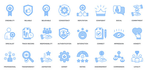 Obraz premium Credibility icon set. Containing reliable, believable, consistency, reputation, track record, professional, loyalty icon. Lineal Blue style
