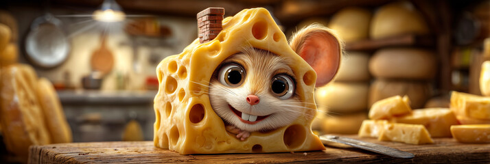 A Joyful Hyper-Realistic Cartoon Scene of a Cute Smiling Mouse Peeking From a Swiss Emmental Cheese House in a Rustic Kitchen, with Stacked Cheeses Forming a Playful Fantasy Landscape. Generative Ai.