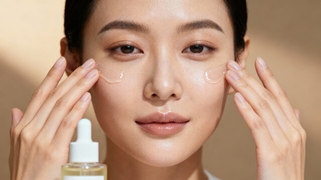 Young adult East Asian woman applying clear moisturizing gel onto her cheekbones during a morning skincare routine.