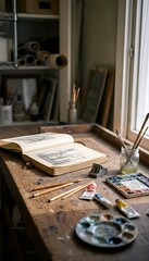 Artist's workbench filled with various art supplies, an open sketchbook, and drawing tools bathed in natural light from a nearby window, evoking a sense of creative inspiration and focused work.