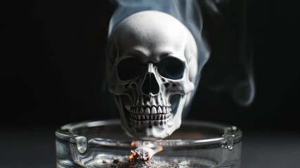 Smoke from a smoldering cigarette forms a human skull. A powerful metaphor for the deadly dangers of tobacco addiction. Anti-smoking health warning concept