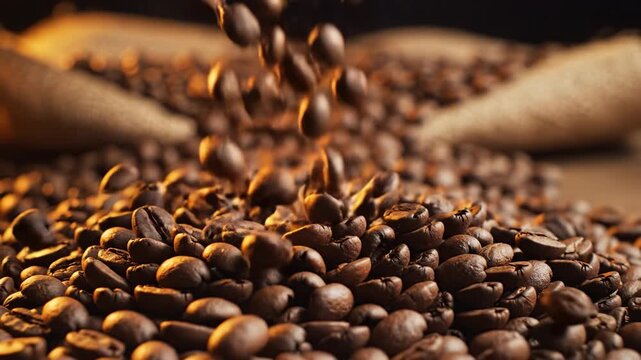 Roasted coffee bean coffee roast coffee pile coffee sack brown aroma close macro Fresh roasted coffee bean pouring with warm light creating rich aroma and rustic mood close up texture and motion blur