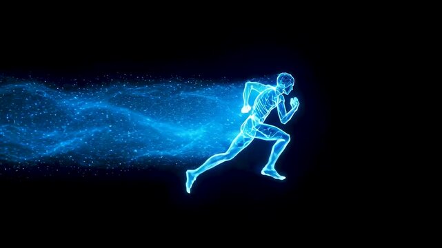 Glowing blue human figure sprinting forward with flowing energy particles on dark space creating powerful abstract motion and speed concept scene