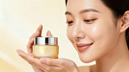 Fototapeta premium Smiling East Asian adult woman gently holds a glowing amber moisturizing cosmetic cream jar in soft light.