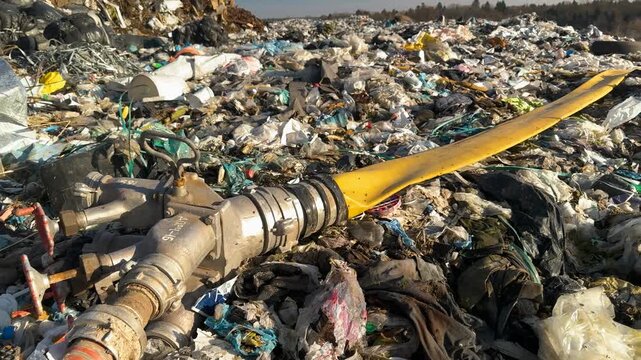 is covered with a thick layer of trash; a terrible smell and view; a mountain of trash behind. Underneath are pipes collecting biogas methane.