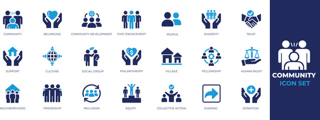 Community solid icon set with people, group, support, partnership, share, sharing, collaboration, social network symbols. clean vector icons for apps, web, branding.