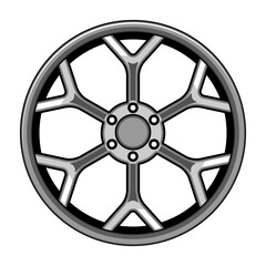 Alloy car wheel illustration with six spokes on a white background, clean minimal vector style highlighting rim, hub and modern metallic design for automotive, repair and performance uses