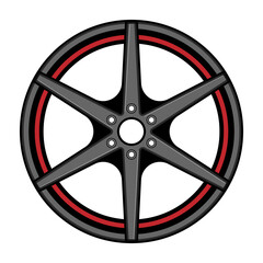 Obraz premium Stylized illustration of a six spoke alloy wheel, presenting a sleek design with a black rim and contrasting red stripe, representing automotive performance and vehicle customization