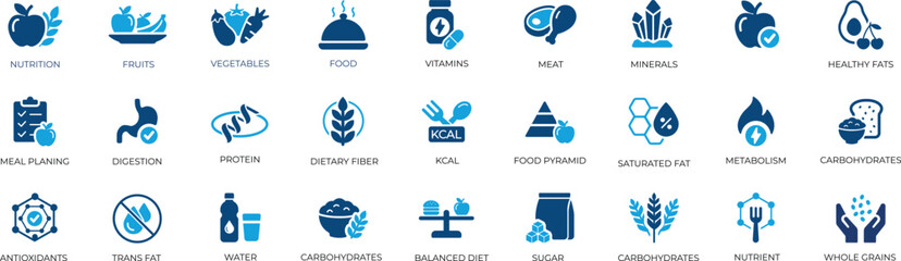 Fototapeta premium Nutrition healthy food solid icon set with diet, vitamins, planning, spa, spirit, wellness, pyramid, balance, web, icons collection.