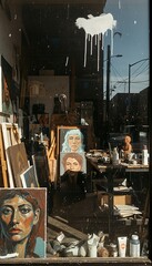 Paintings and art studio supplies are visible through a reflective, paint-splattered window, showcasing a vibrant creative workspace.