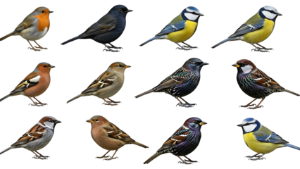 Collection of various colorful birds on transparent background