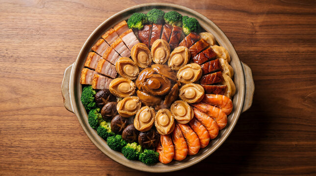 Traditional Festive Chinese Poon Choi Dish with Abalone, Roasted Pork, Duck, Shrimp, and Broccoli