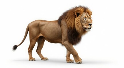 Obraz premium A realistic lion with expressive features and a muscular build. Highlighted on a white background. Versatile for marketing, web design or decorative art.