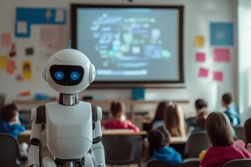Robot teaches children about technology in a classroom setting during a school day