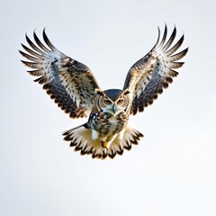 Fototapeta premium An owl in flight with wings wide open, isolated on a white background. The detailed portrait of a bird of prey is a symbol of wisdom, night and nature.