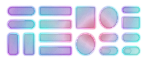 Set of neon gradient glass morphism UI elements, glossy vaporwave color frames, rounded geometric buttons and banners, modern user interface design components