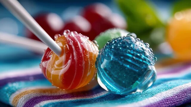 Close-up of colorful lollipops with water droplets on a vibrant striped background, sweet candy concept