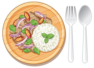 Grilled Chicken with Rice and Fresh Herbs on Wooden Plate