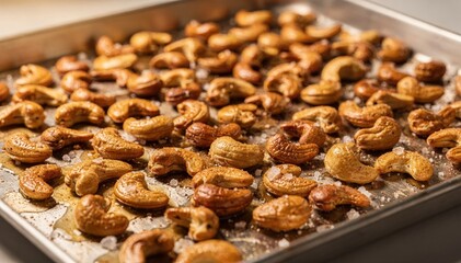 Medium shot of cashews cooling on a metal tray after roasting and salting with focus on their shiny goldenbrown texture and light seasoning.