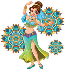 Smiling Belly Dancer Performing with Mandala Background Elements