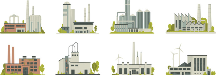 Obraz premium Industrial factory and power plant illustration set showing manufacturing buildings, energy facilities, renewable and traditional industry infrastructure, flat minimalist design