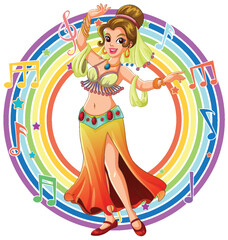 Smiling Belly Dancer Performing in Colorful Musical Circle