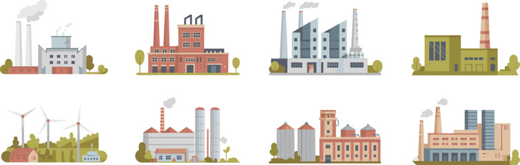 Obraz premium Industrial factory and power plant illustration set showing manufacturing buildings, energy facilities, renewable and traditional industry infrastructure, flat minimalist design