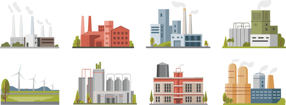 Industrial factory and power plant illustration set showing manufacturing buildings, energy facilities, renewable and traditional industry infrastructure, flat minimalist design