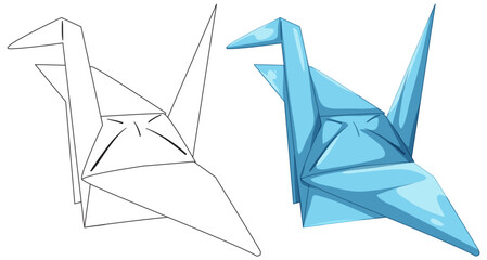 Origami Paper Crane Illustration with Outline and Colored Version